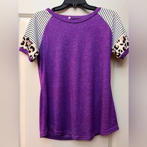 Precious boutique purple tee with stripes/leopard print sleeves-size small